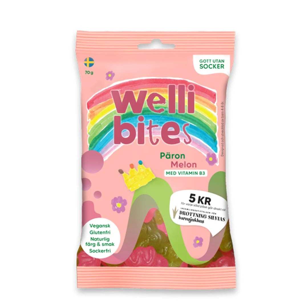 Wellibites Candy 70 g sokeriton karkki vaaleanpunaisessa pussissa, makuna Päärynä Meloni., kuva 1/6