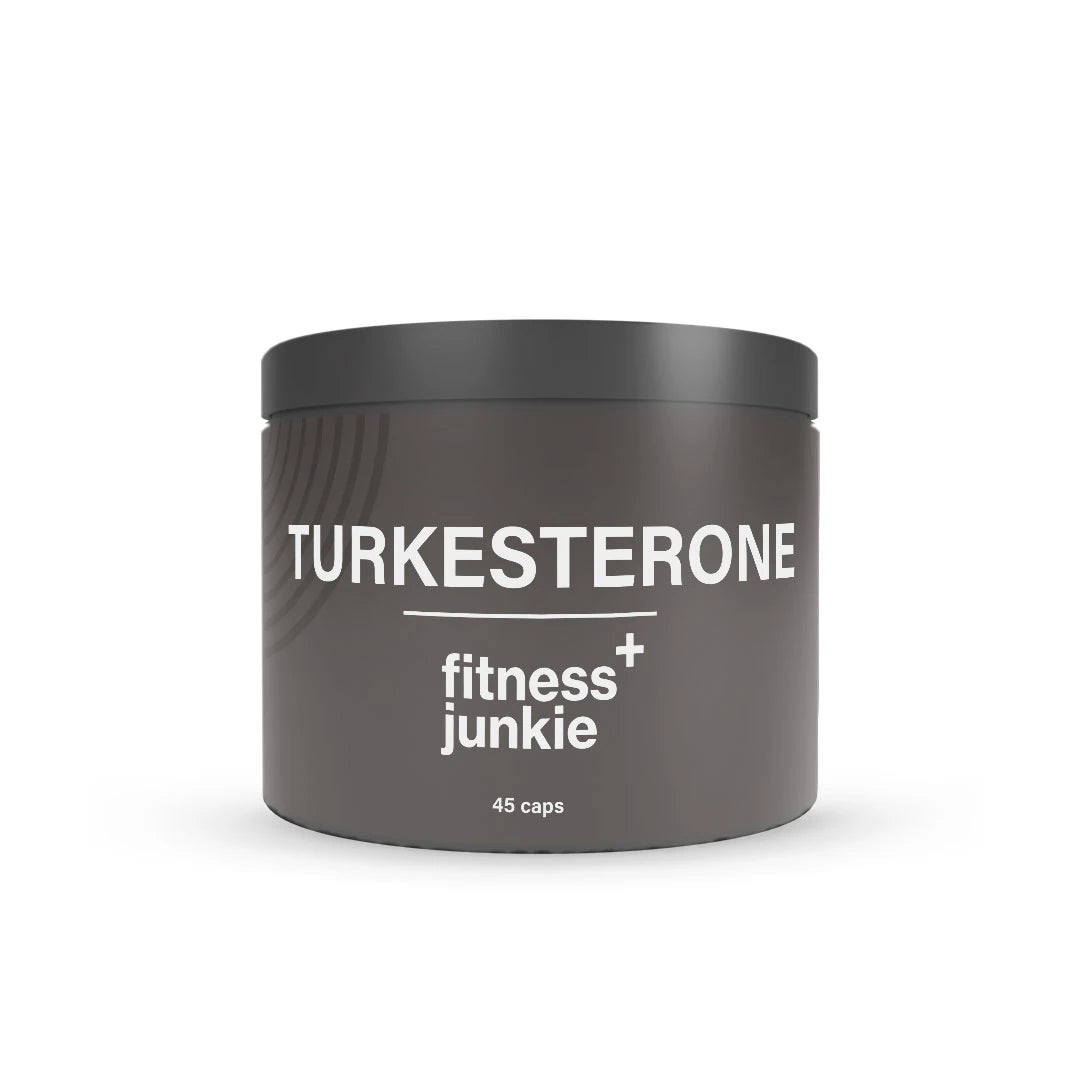 fitnessjunkie Turkesterone 45 caps pakattuna tyylikkääseen tummanharmaaseen purkkiin, jossa on valkoinen teksti., kuva 1/1