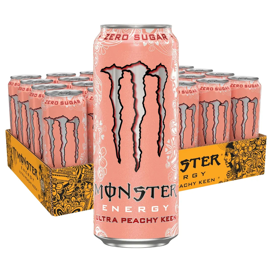 24 x Monster Energy 500 ml Ultra Peachy Keen sokeriton keltaisessa laatikossa persikanvärisillä tölkeillä., kuva 1/1