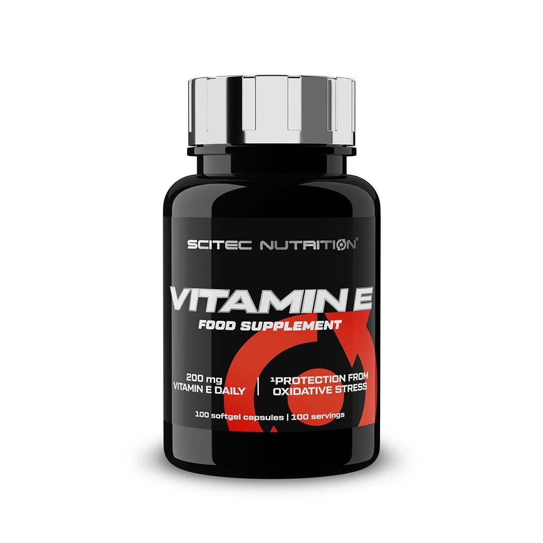 Scitec Nutrition Vitamin E 100 caps mustassa purkissa, jossa on hopeinen kansi ja etiketti punavalkoisin yksityiskohdin., kuva 1/1
