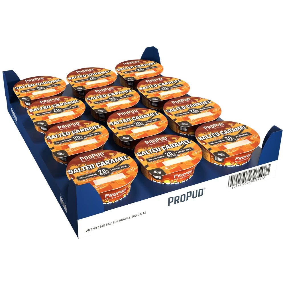 12 x NJIE ProPud 200 g Salted Caramel sinisessä laatikossa, jossa on 12 oranssikantista proteiinivanukaspurkkia., kuva 1/1