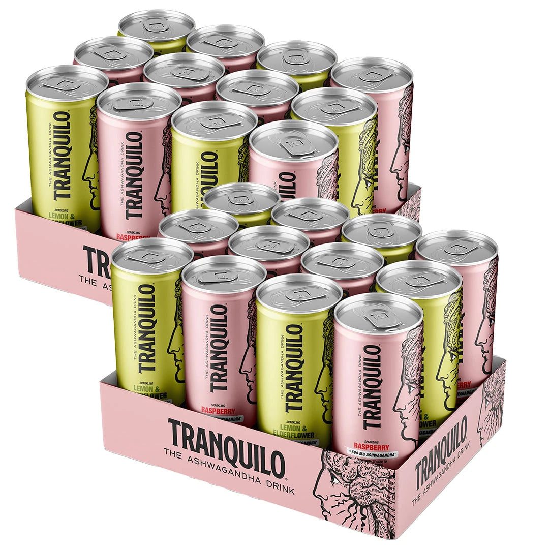 24 x Tranquilo 330 ml Mixflak vaaleanpunaisessa laatikossa, jossa on pinkkejä ja keltaisia tölkkejä kasvokuvituksilla., kuva 1/1