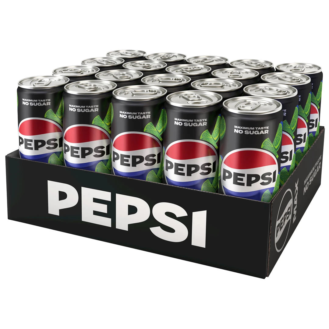 20 x Pepsi MAX 330 ml Lime i en svart låda med svarta läskburkar dekorerade med gröna limeblad., bild 1 av 1