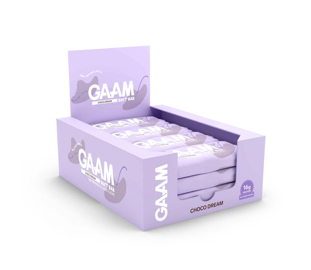 12 x GAAM Soft Bar 45 g Choco Dream vaaleanlilassa laatikossa, joka on täynnä yhteensopivia liloja patukoita., kuva 1/1