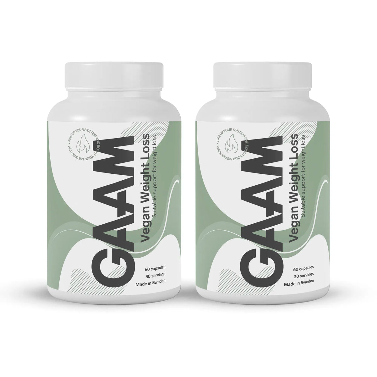 2 x GAAM Vegan Weight loss 60 caps kahdessa valkoisessa purkissa, joissa on vihreävalkoinen etiketti., kuva 1/1