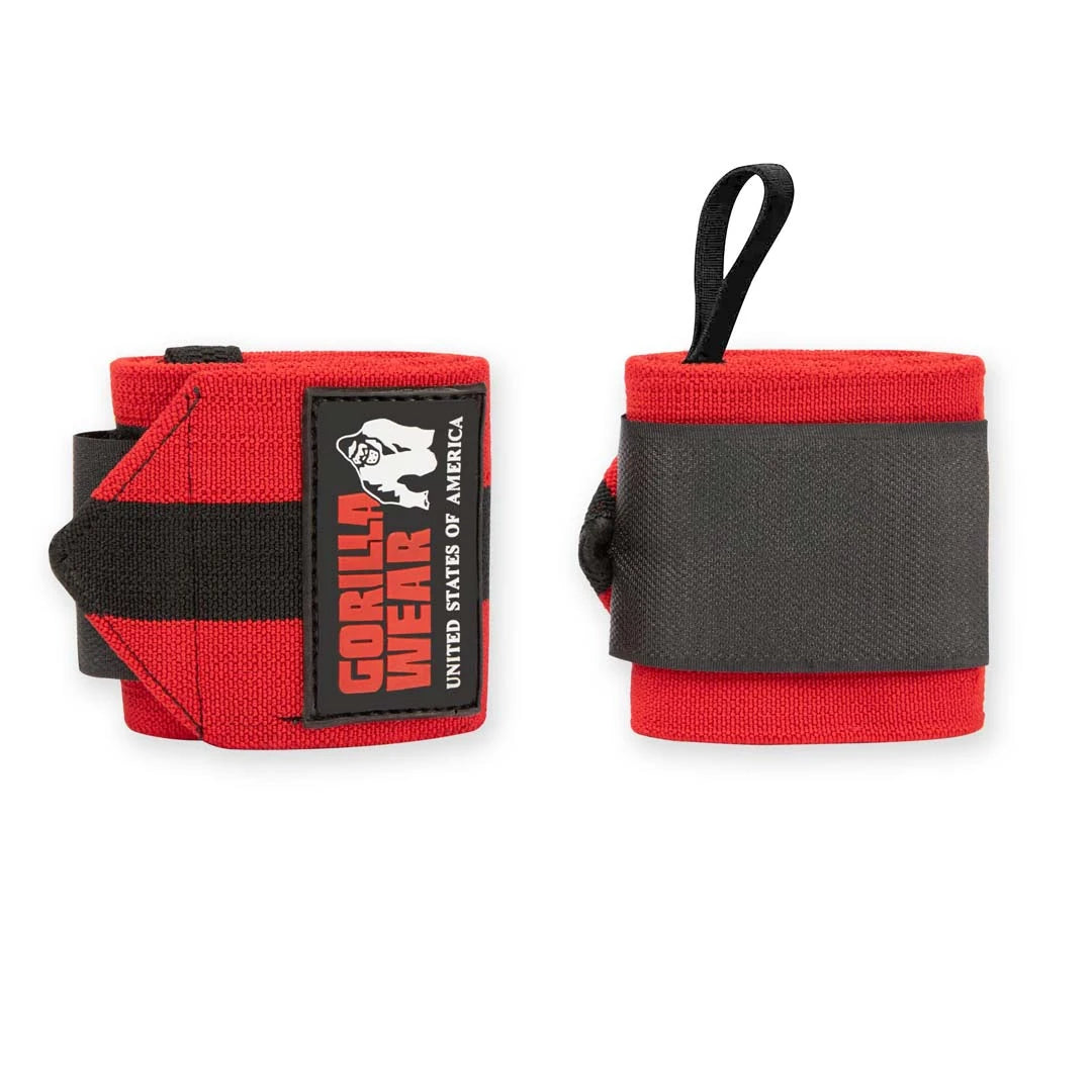 Gorilla Wear Wrist Wraps Ultra Black/Red, joustavat punamustat rannesiteet peukalolenkeillä ja tarrakiinnityksellä., kuva 1/1