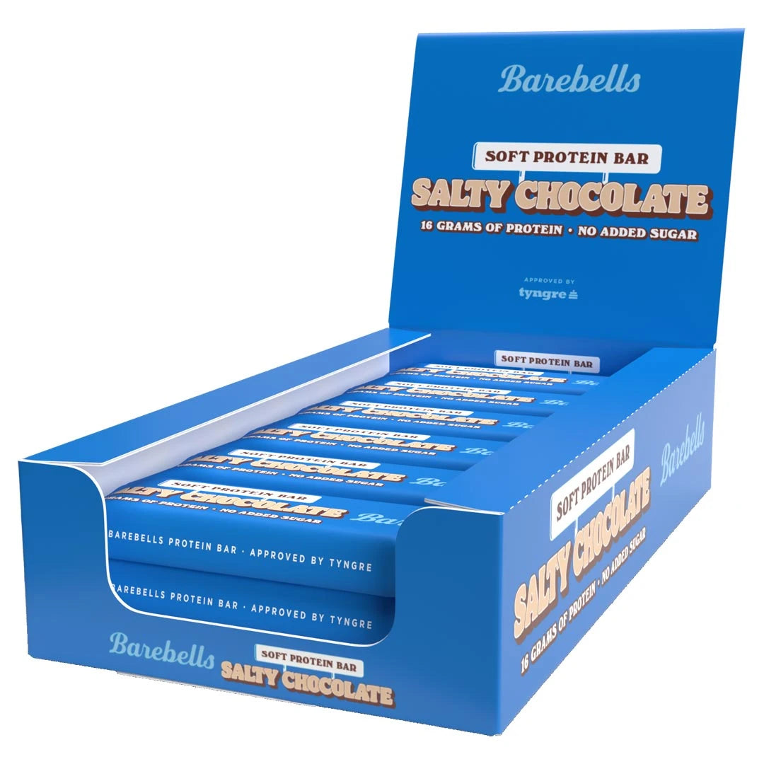 12 x Barebells Soft Protein Bar 55 g Salty Chocolate sinisessä esittelylaatikossa valko-ruskeilla yksityiskohdilla., kuva 1/1