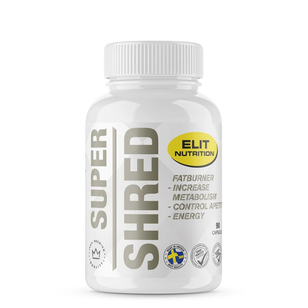 Elit Nutrition Super Shred 90 caps -rasvanpolttaja valkoisessa purkissa, jossa on keltaisia ja harmaita yksityiskohtia., kuva 1/1