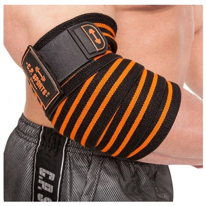 C.P. Sports Elbow Wraps Pro Black White applicerad på en arm, visad här i svart och orange randig design med kardborrespänne., bild 1 av 3