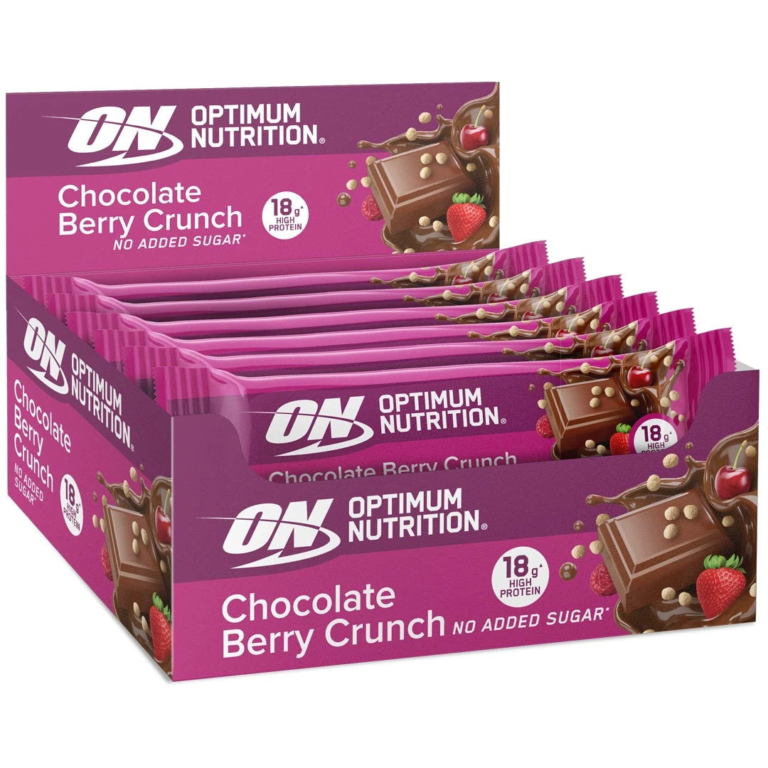 12 x Optimum Nutrition Chocolate Protein Bar 55-59 g vaaleanpunainen Mix-laatikko, täynnä Chocolate Berry Crunch -patukoita., kuva 1/1