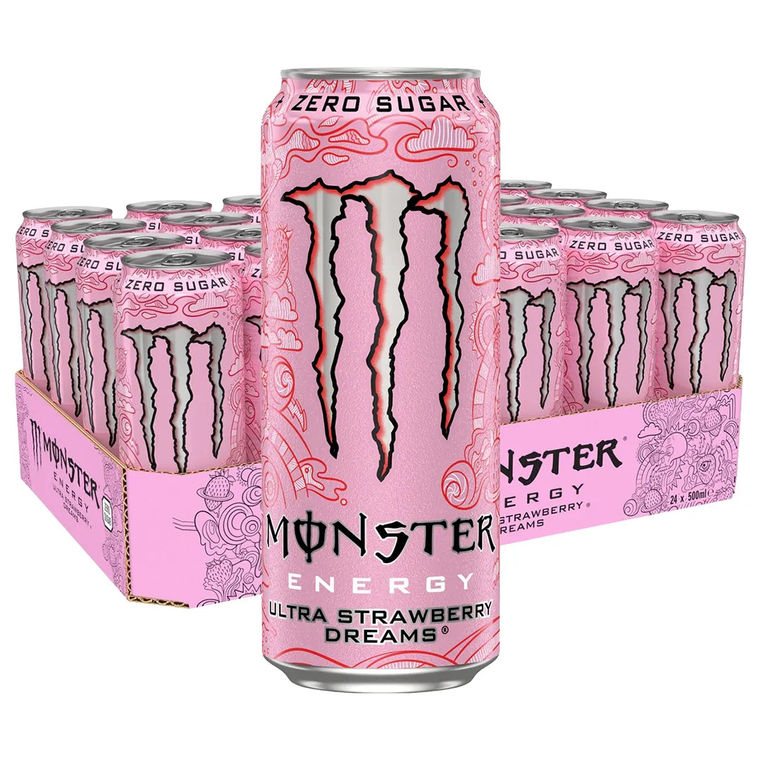 24 x Monster Energy 500 ml Ultra Strawberry Dreams (sokeriton) vaaleanpunaisessa pakkauksessa kuviollisilla tölkeillä., kuva 1/1