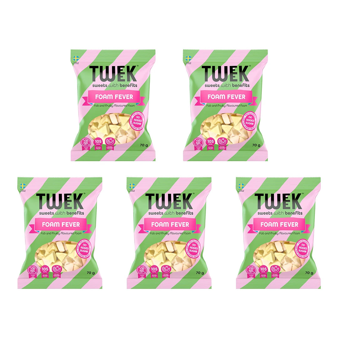 Viisi kappaletta 5 x Tweek Sweets 70 g Foam Fever -karkkipusseja vihreänä ja vaaleanpunaisena läpinäkyvällä ikkunalla., kuva 1/1