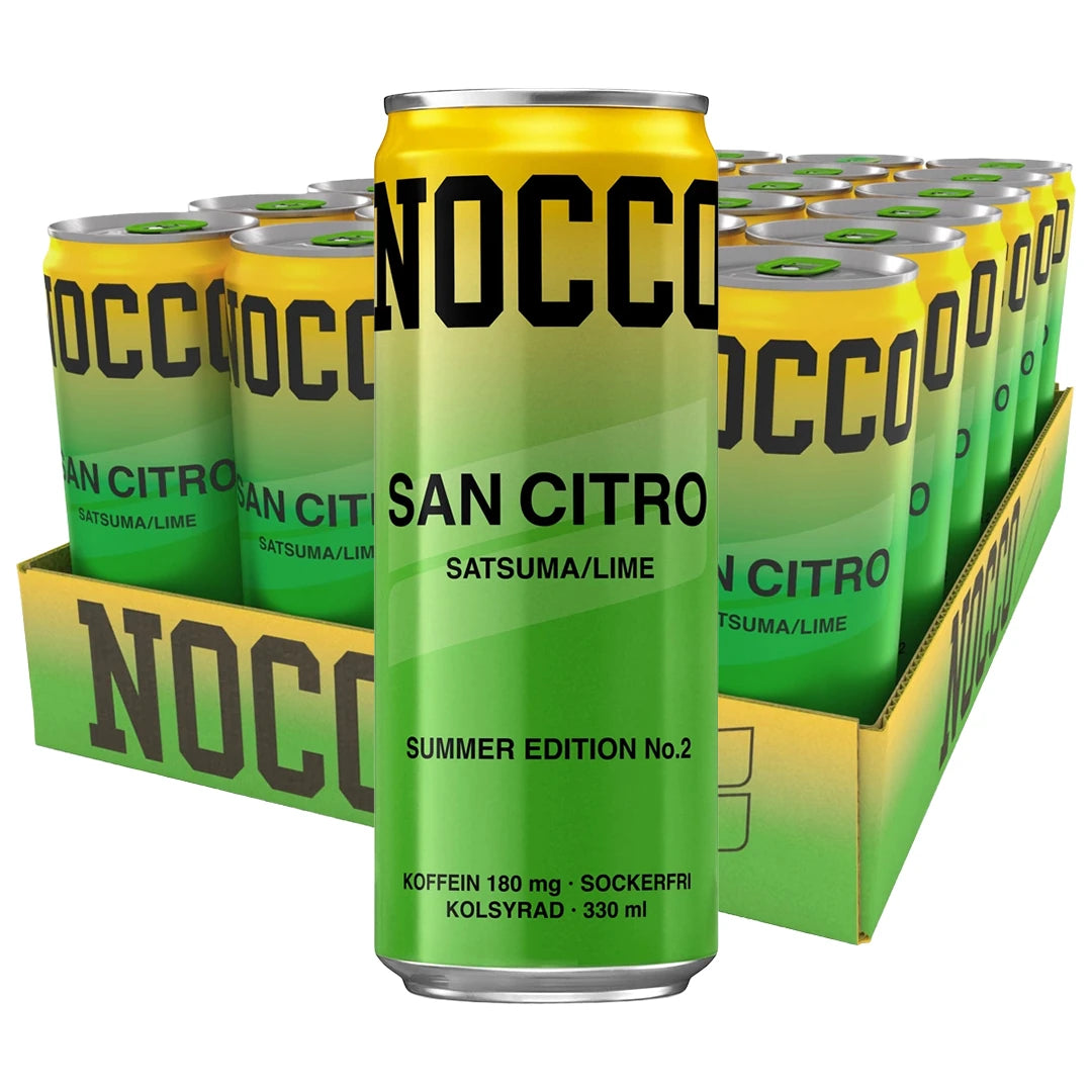 24 x NOCCO BCAA 330 ml San Citro vihreänkeltaisella lavalla energiajuomatölkkejä makuna Satsuma/Lime., kuva 1/1