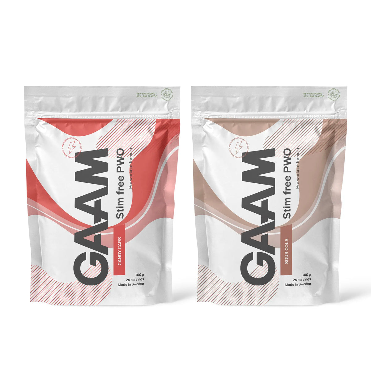 2 x GAAM Stim Free PWO 300 g kahdessa valkoisessa pussissa punaisin ja ruskein kuvioin, makuina Candy Cars ja Sour Cola., kuva 1/1