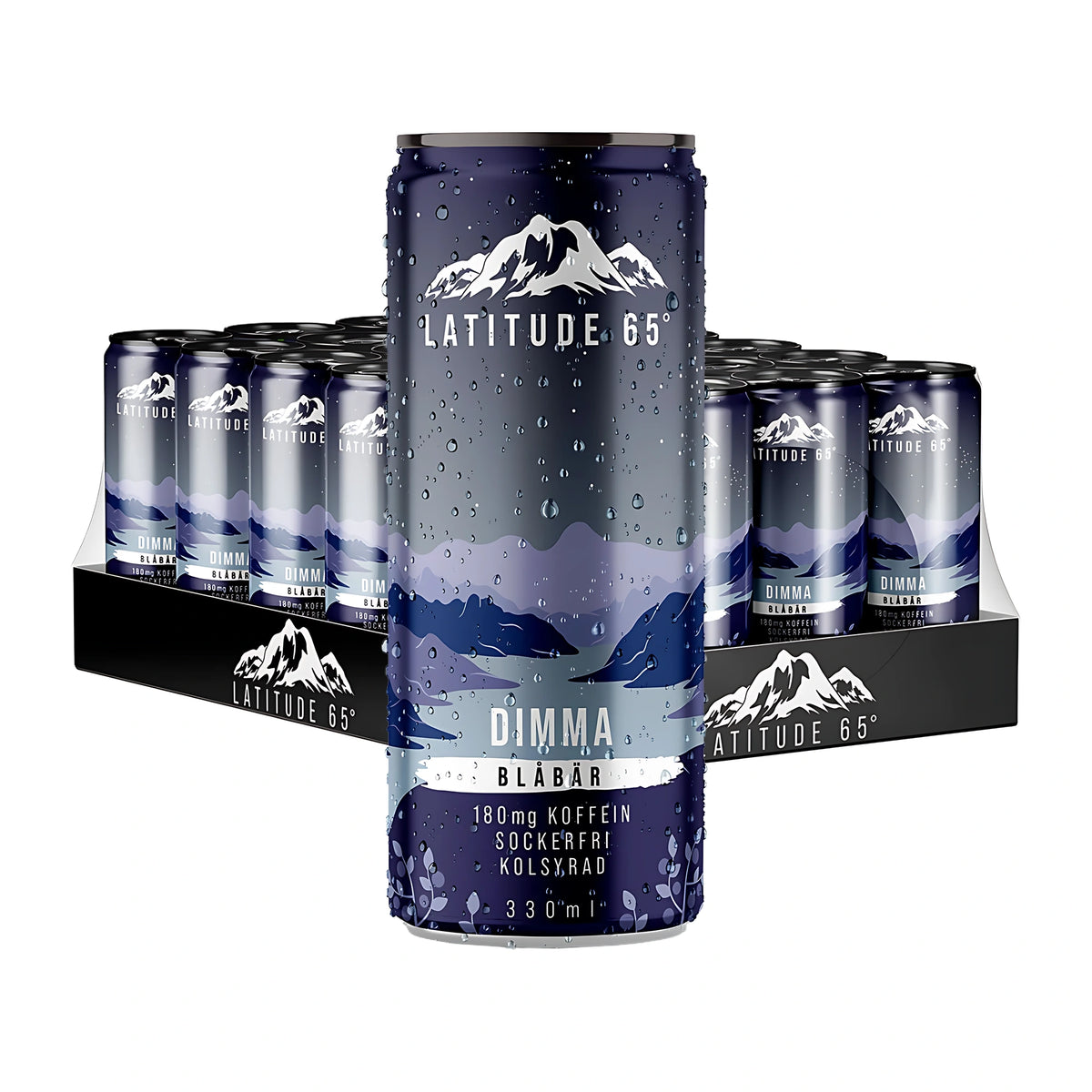 24 x Latitude 65 330 ml Dimma - Blåbär -hiilihapotettua energiajuomaa laatikollisessa tummansinisiä tölkkejä tunturikuviolla., kuva 1/1