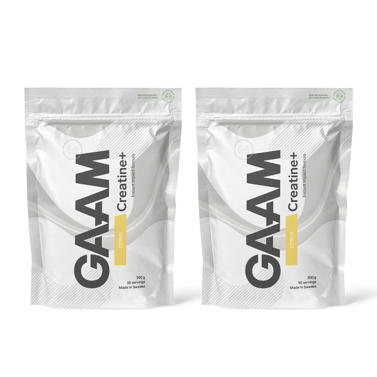 2 x GAAM Creatine+ 300 g valkoisissa pusseissa, joissa on tummanharmaa teksti ja keltaisia yksityiskohtia, makuna Citrus., kuva 1/1