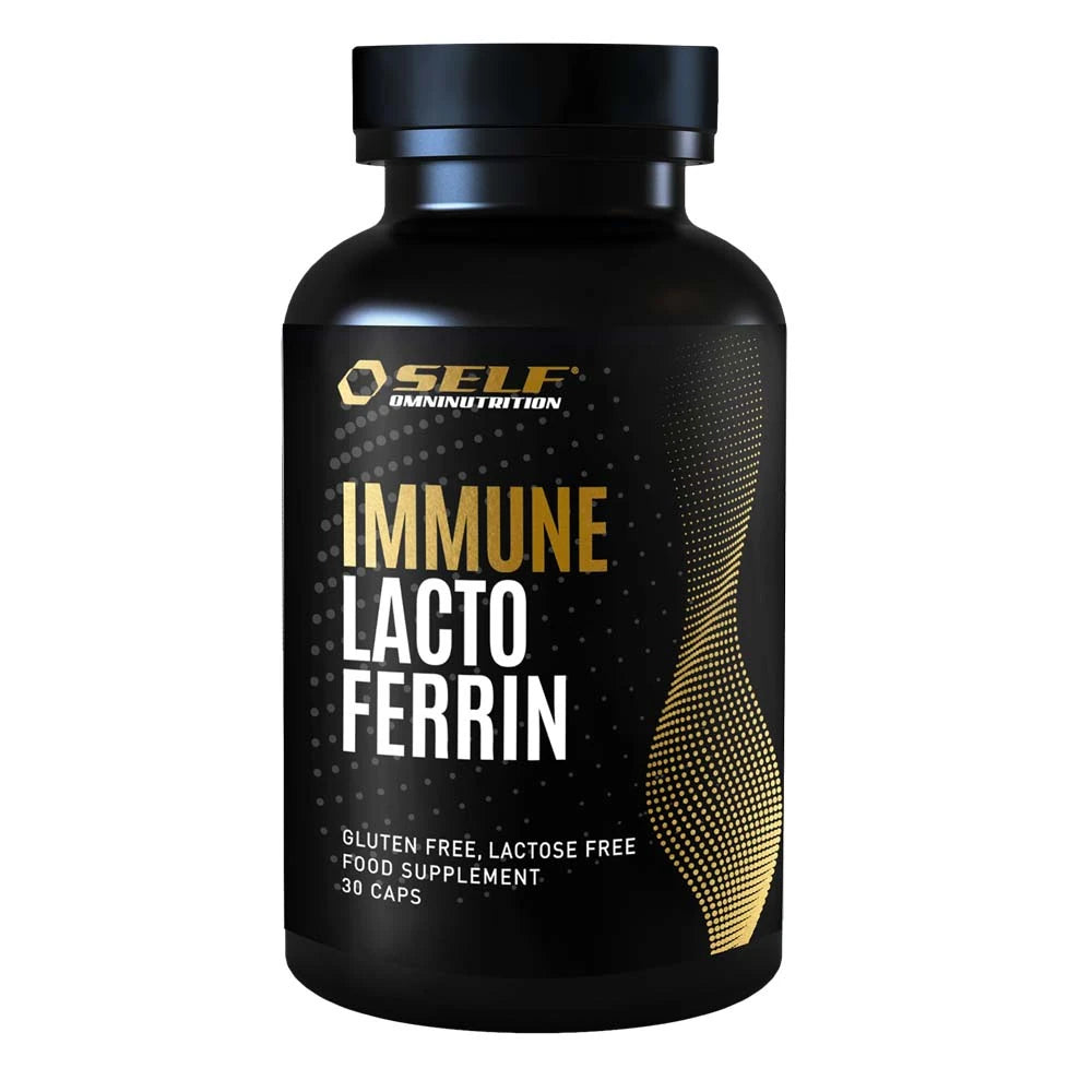 Self Omninutrition Immune Lactoferrin 30 caps -ravintolisä mustassa purkissa, jossa on valkoista ja kultaista tekstiä., kuva 1/1