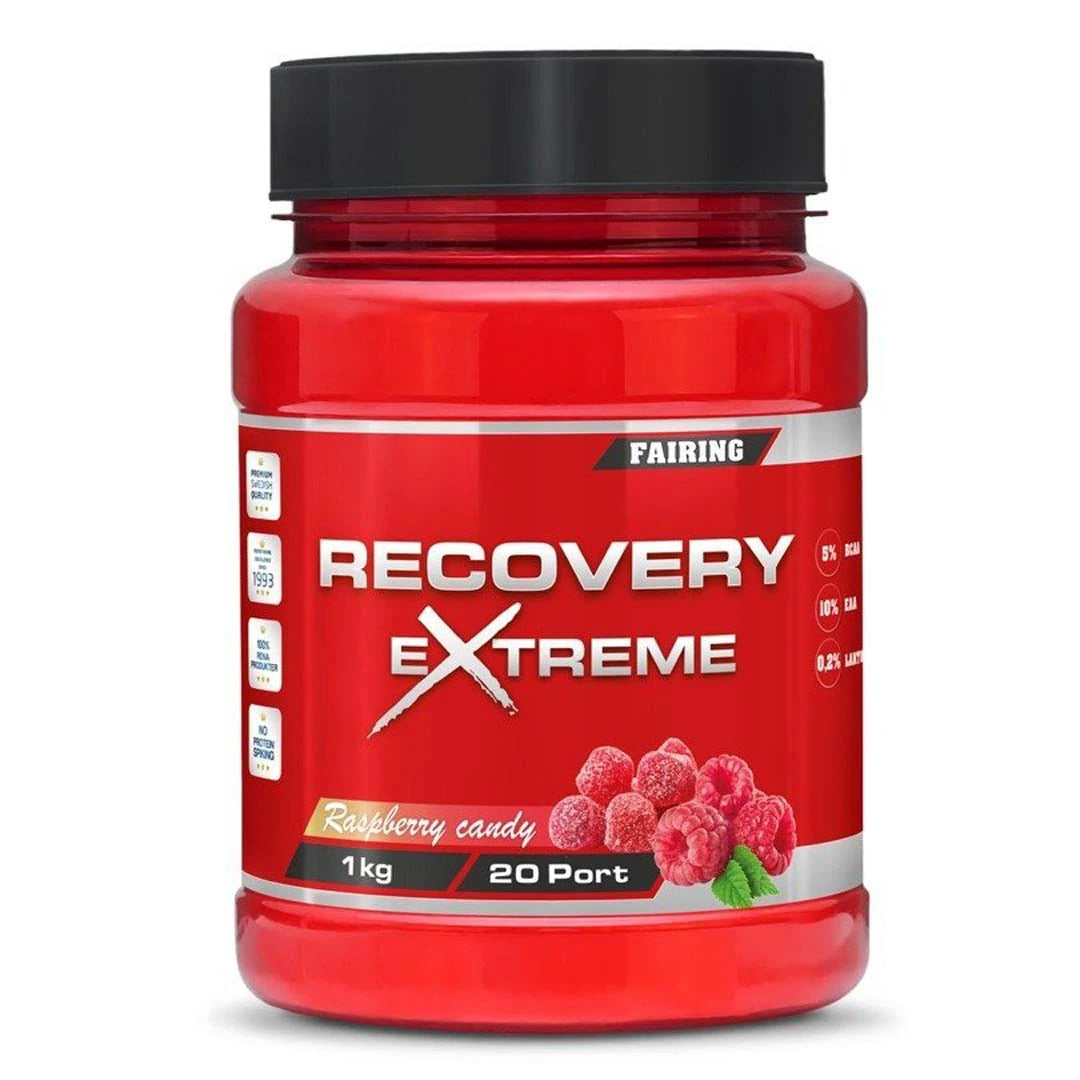 Punainen purkki, jossa on musta kansi ja sisällä Fairing Recovery Extreme 1 kg -palautumisjuomaa makuna Raspberry Candy., kuva 2/2