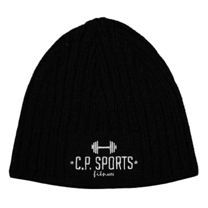 C.P. Sports Beanie White - musta joustinneulepipo, jonka etuosassa on valkoinen brodeerattu logo., kuva 1/2