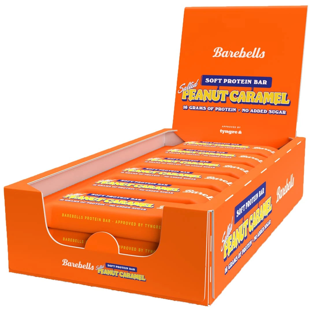 12 x Barebells Soft Protein Bar 55 g Salted Peanut Caramel oranssissa esittelylaatikossa., kuva 1/1