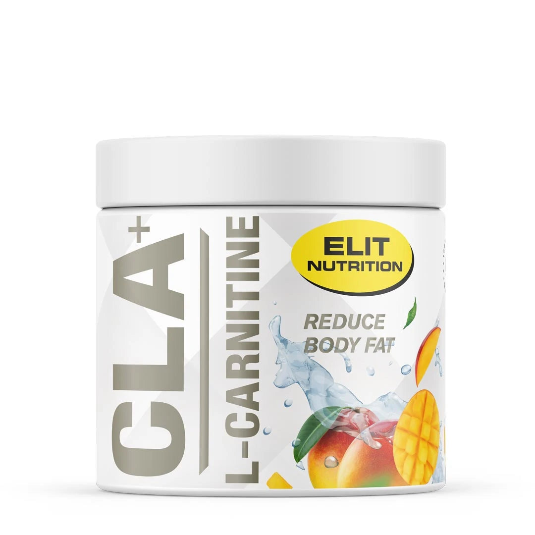 Elit Nutrition CLA + L-Carnitine 180 g -ravintolisäjauhe valkoisessa purkissa, jota koristavat mangonpalat., kuva 1/1