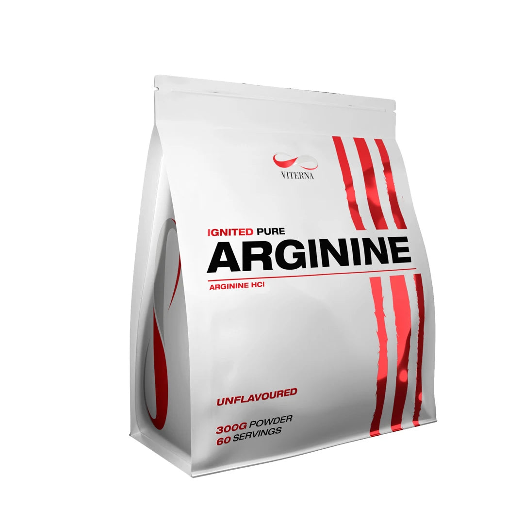 Viterna Arginine Powder 300 g valkoisessa pussissa, jossa on punaisia yksityiskohtia ja unflavoured-teksti., kuva 1/1