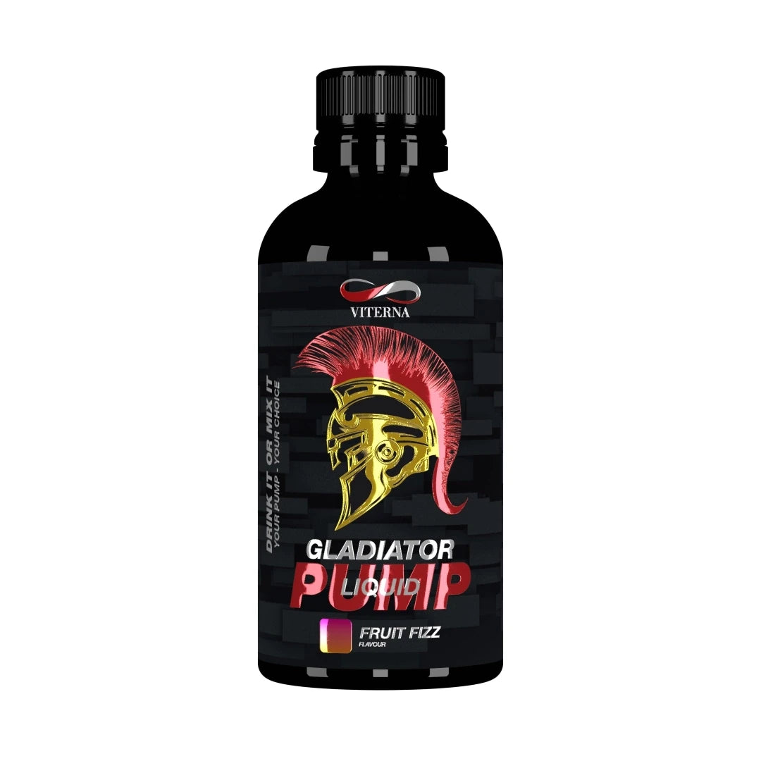 Viterna Gladiator Pump Liquid 500 ml mustassa pullossa, jossa on kultainen gladiaattorikypärä, makuna Fruit Fizz., kuva 2/2