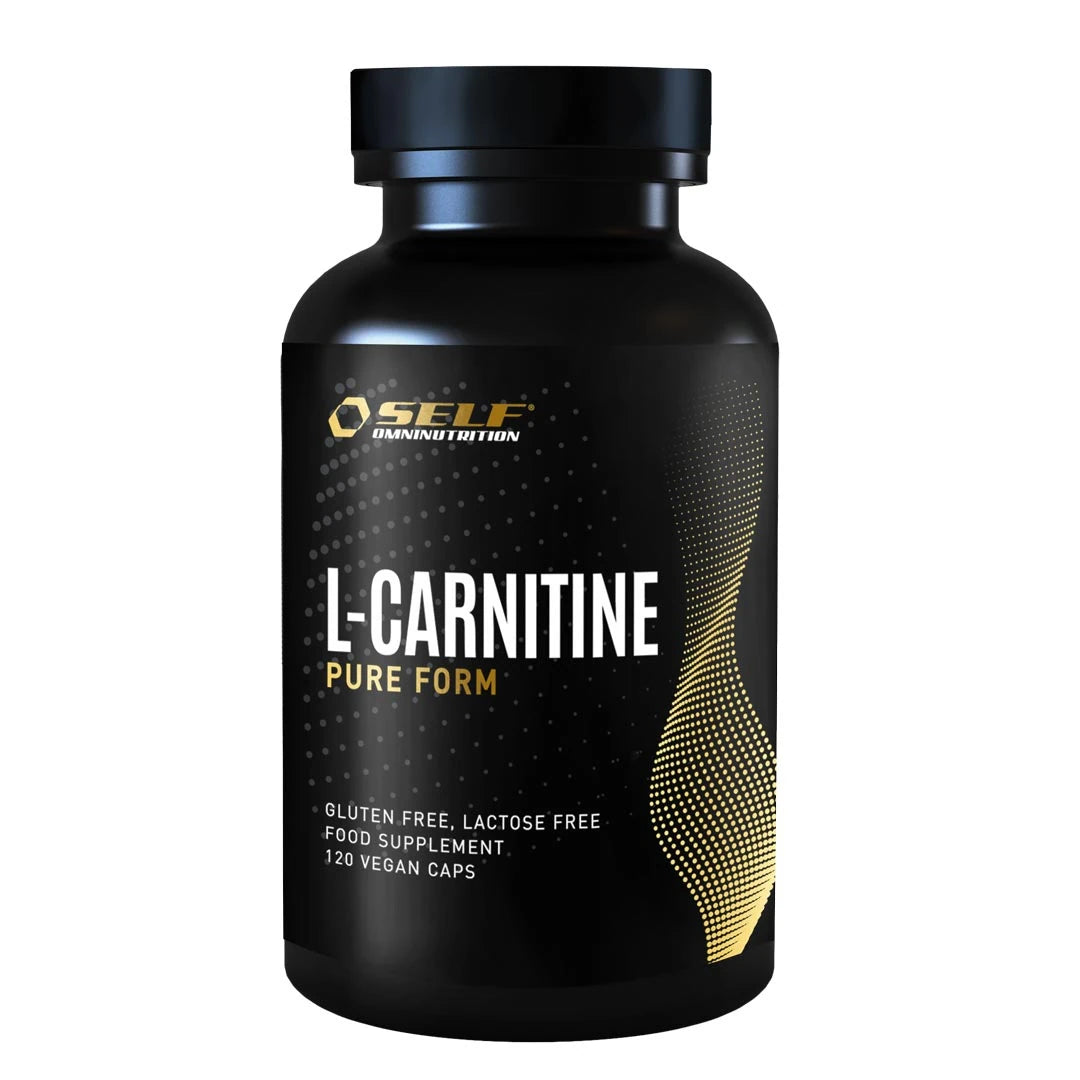 Self Omninutrition L-carnitine 120 caps -rasvanpolttaja, pakattuna mustaan purkkiin kultaisilla yksityiskohdilla., kuva 1/1