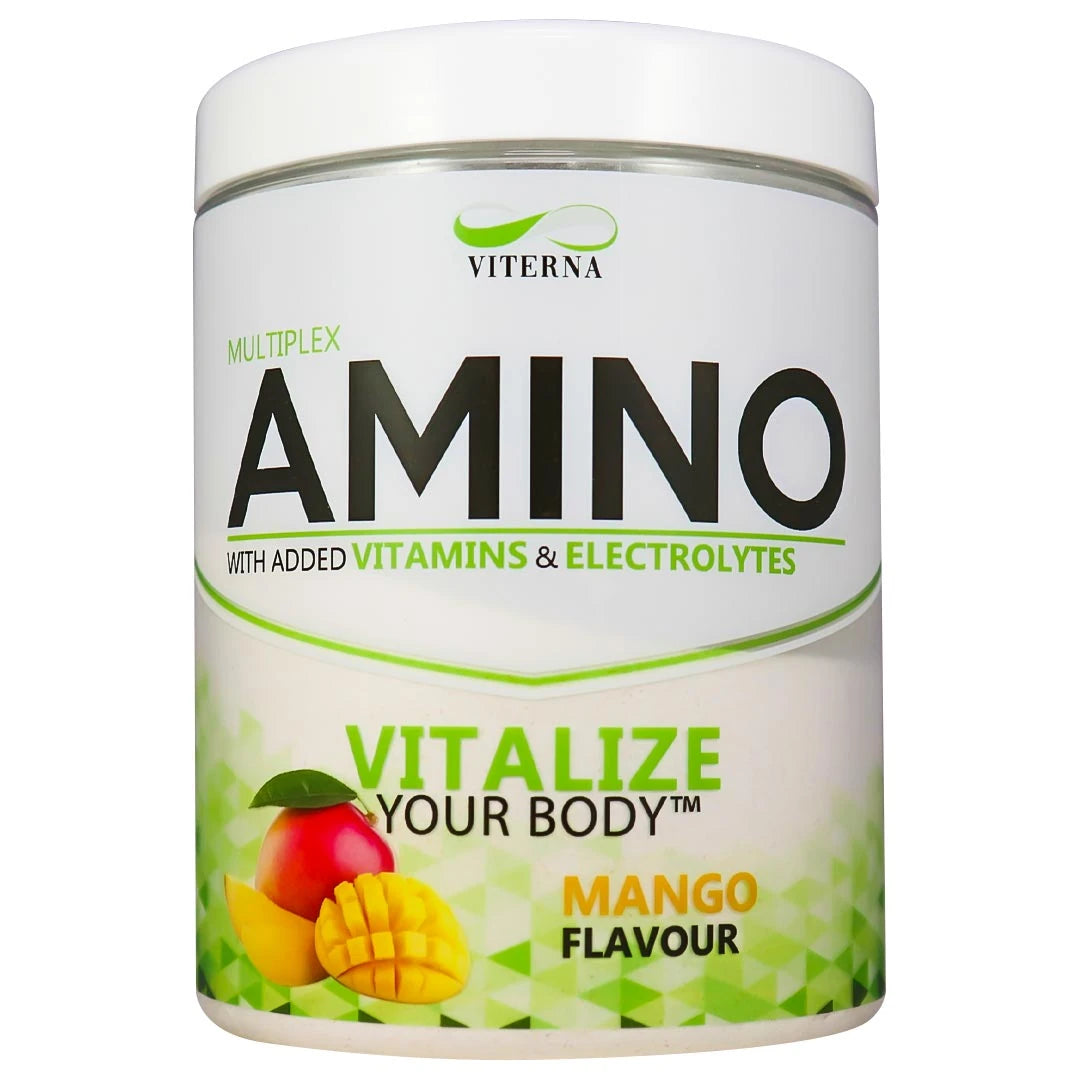 Viterna Multiplex Amino 400 g aminohappoja valkoisessa purkissa vihreillä yksityiskohdilla, makuna Mango., kuva 2/9