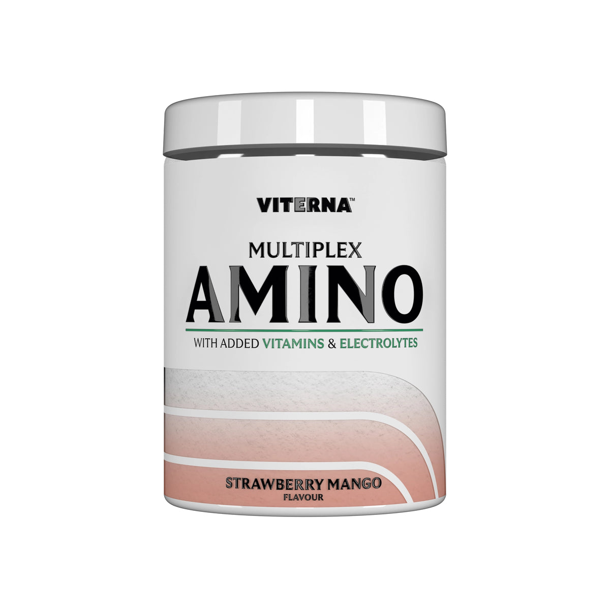 Viterna Multiplex Amino 400 g -aminohapot valkoisessa purkissa vihreillä yksityiskohdilla, makuna Strawberry Mango., kuva 6/9