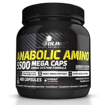 Olimp Anabolic Amino 5500 Mega caps 400 caps -aminohapot mustassa purkissa keltaisilla ja valkoisilla yksityiskohdilla., kuva 1/1