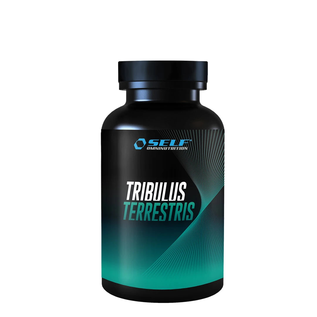 Self Omninutrition Tribulus Terrestris 100 tabs -ravintolisä mustassa purkissa, jossa on turkooseja graafisia yksityiskohtia., kuva 1/1