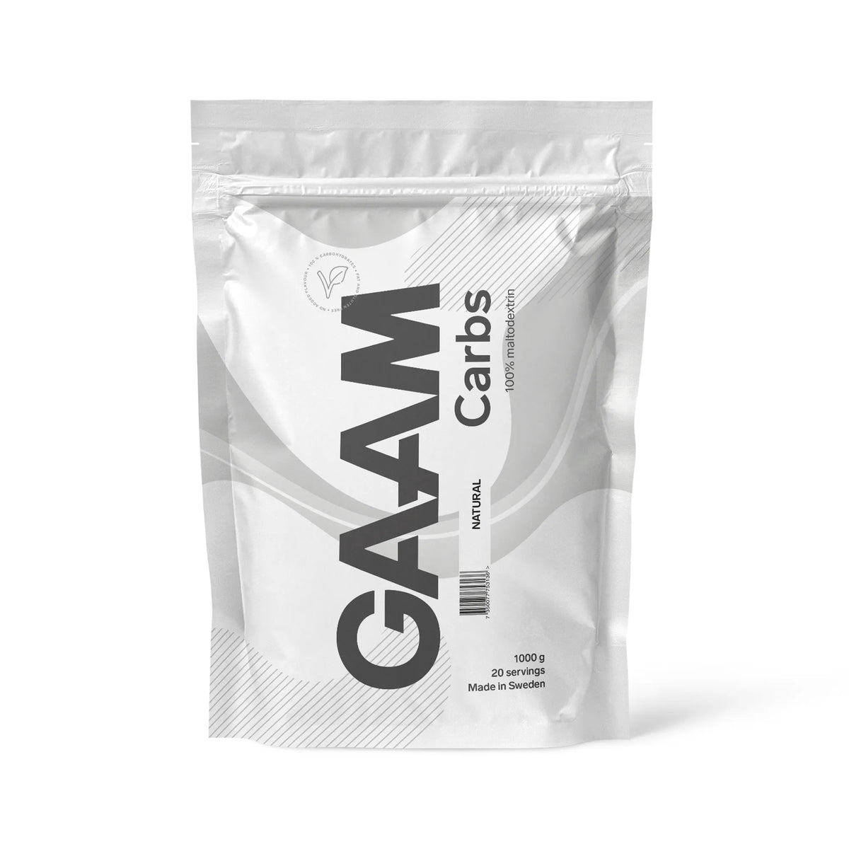 GAAM Carbs - 100% Maltodextrin 1 kg -energialisä tyylikkäässä valkoisessa pussissa., kuva 1/1