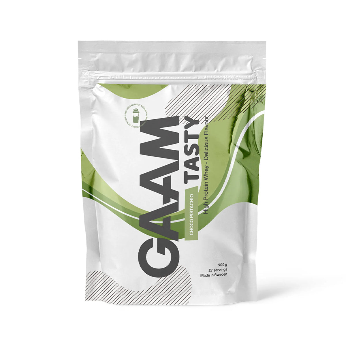 GAAM Tasty Whey 900 g -proteiinijauhe valkoisessa pussissa vihreillä yksityiskohdilla, makuna Choco Pistachio., kuva 1/3