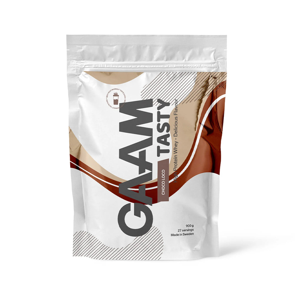 GAAM Tasty Whey 900 g -proteiinijauhe makuna Choco Loco, valkoisessa pussissa ruskeilla yksityiskohdilla., kuva 2/3