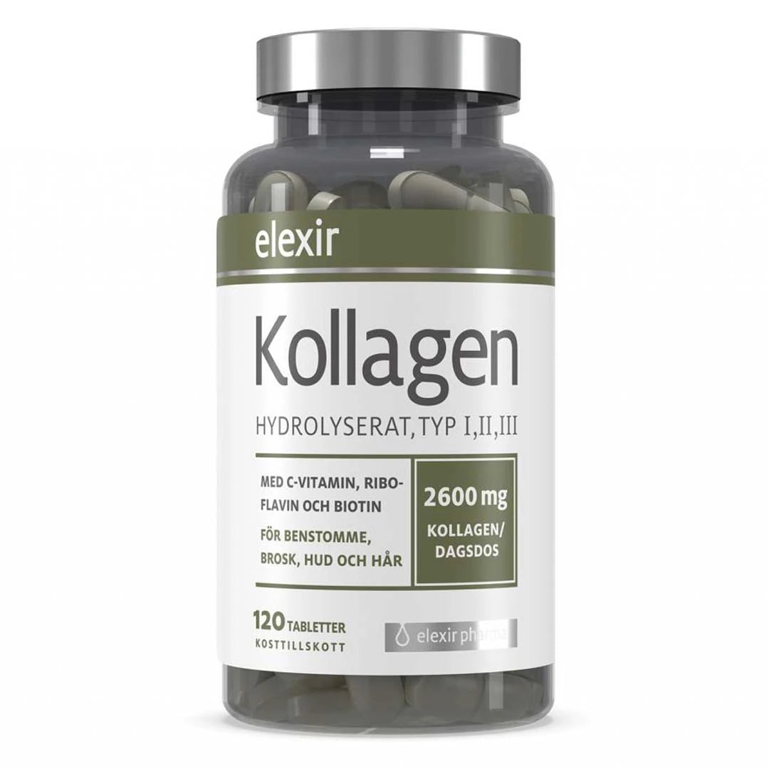 Elexir Pharma Kollagen Hydrolyserat 120 tabs tummassa läpikuultavassa purkissa valkoisella etiketillä ja hopeakannella., kuva 1/1