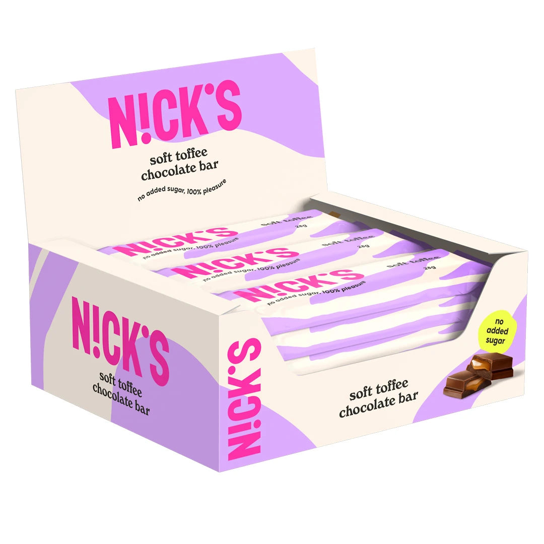 15 x Nicks Soft Toffee 28 g -suklaapatukkaa vaaleanliilassa ja beigessä laatikossa vaaleanpunaisilla yksityiskohdilla., kuva 1/1