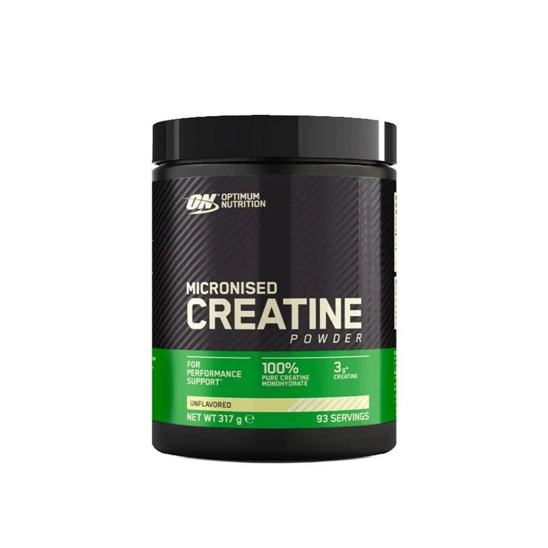 Optimum Nutrition Creatine Powder 317 g mustassa purkissa, jossa on vihreä etiketti ja teksti Micronised Creatine., kuva 1/1