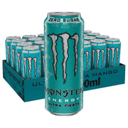 24 x Monster Energy 500 ml Ultra Fiesta -sokerittomia energiajuomatölkkejä turkoosissa laatikossa.