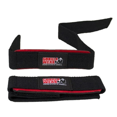 Gorilla Wear Padded Lifting Straps, mustat vetoremmit puuvillaa ja neopreenia punaisella pehmusteella ja logolla., kuva 1/1