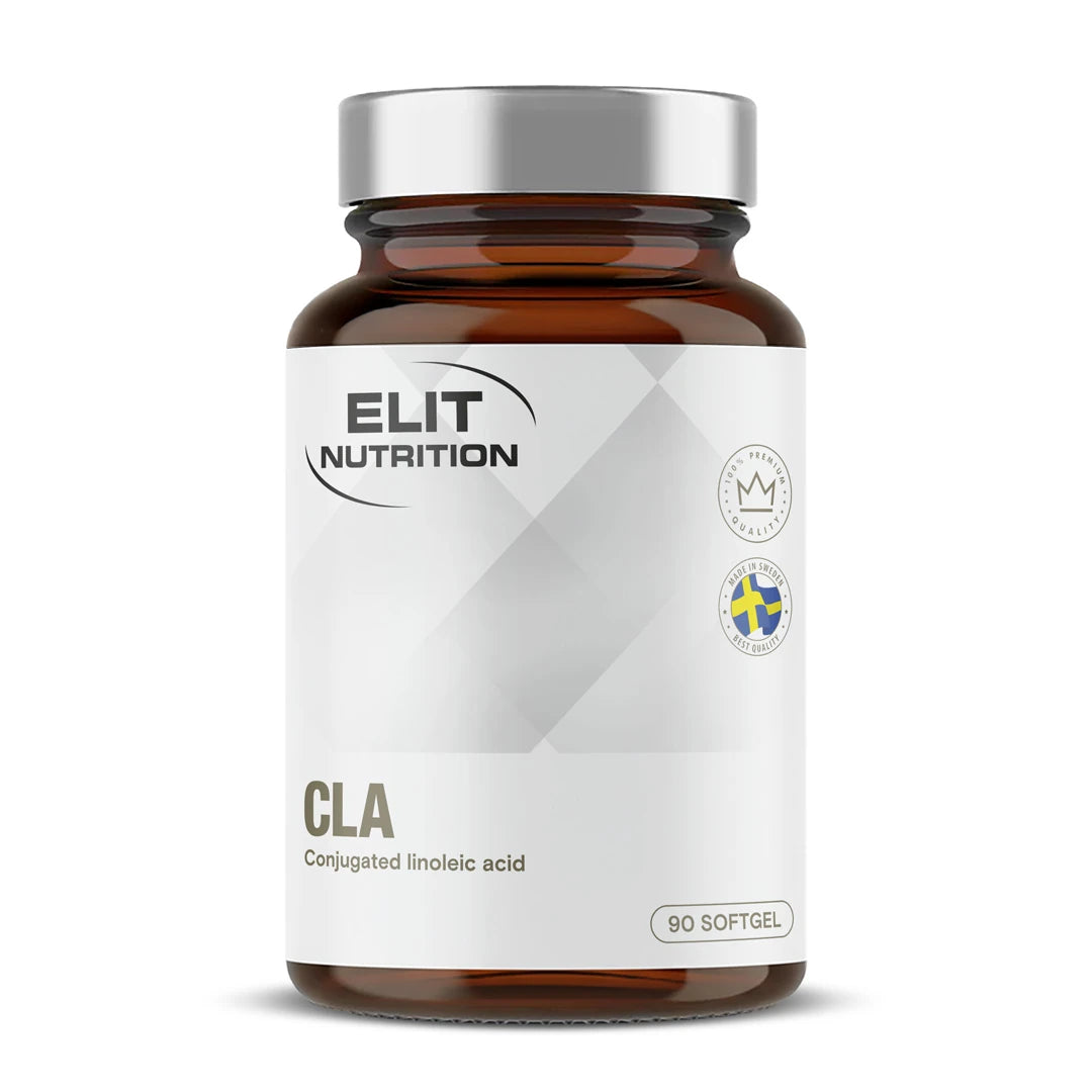 Elit Nutrition CLA 90 caps -ravintolisä ruskeassa purkissa, jossa on valkoinen etiketti ja hopeanvärinen kansi., kuva 1/1
