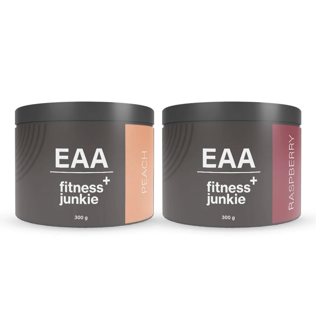 2 x fitnessjunkie EAA 300 g kahdessa tummanharmaassa purkissa väriyksityiskohdilla mauille Peach ja Raspberry., kuva 1/1