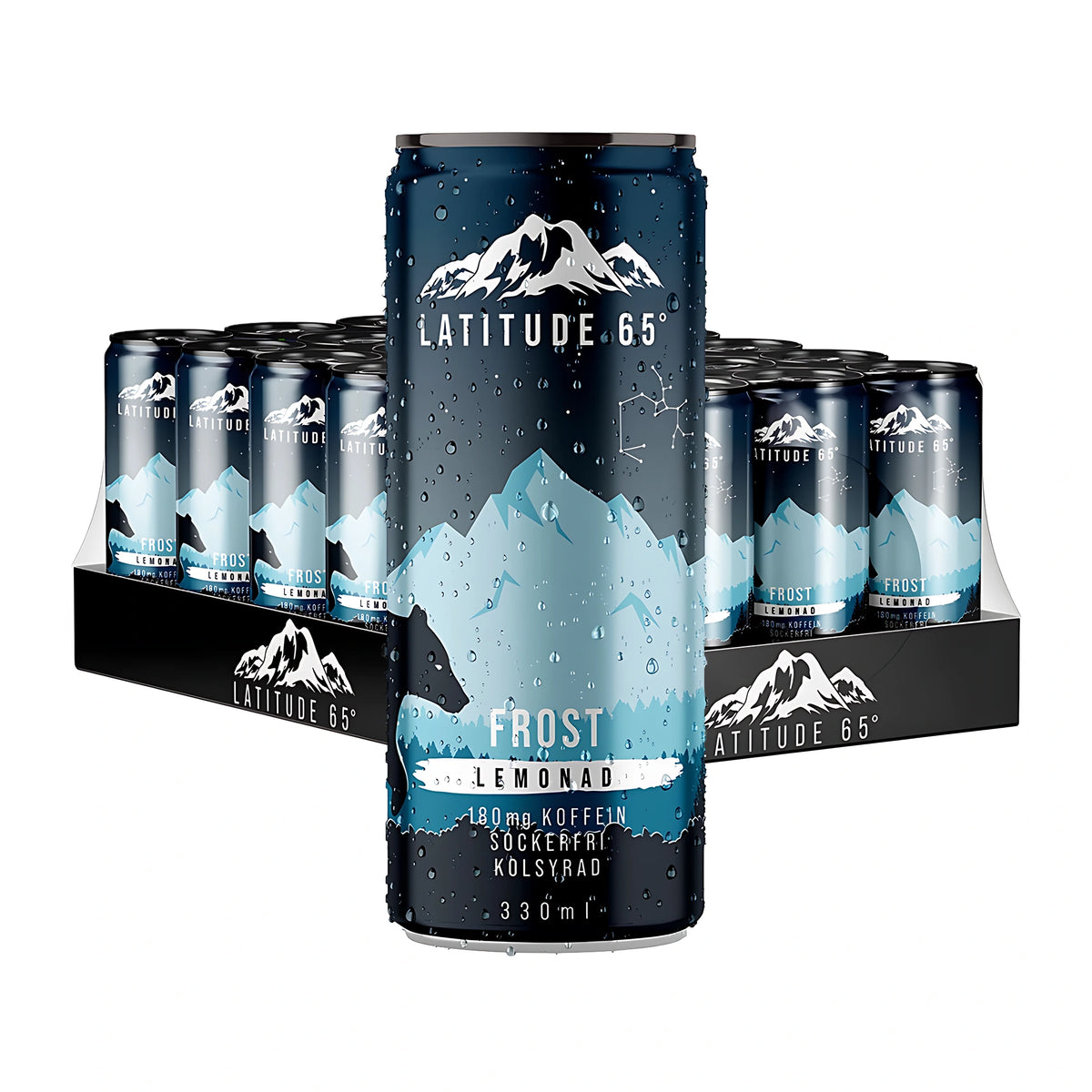 24 x Latitude 65 330 ml Frost - Lemonad kokonaisena lavana, etualalla tummansininen tölkki vesipisaroilla., kuva 1/1