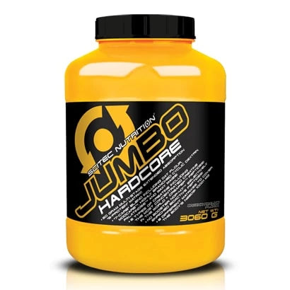 Scitec Nutrition Jumbo Hardcore 3060 g -gainer keltaisessa muovipurkissa, jossa on musta kansi ja etiketti., kuva 1/2