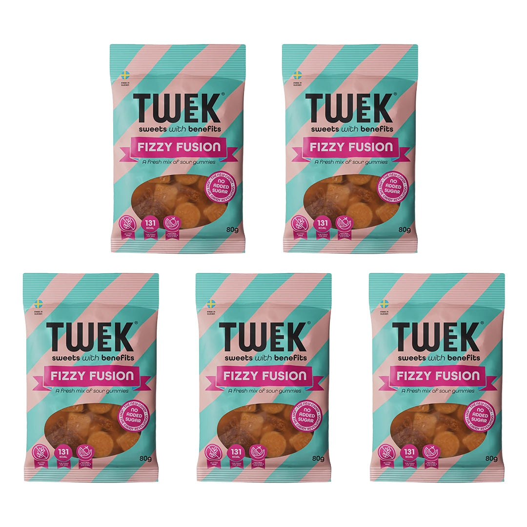 5 x Tweek Sweets 80 g Fizzy Fusion -kirpeitä karkkeja viidessä vaaleansini- ja pinkkiraidallisessa pussissa., kuva 1/1