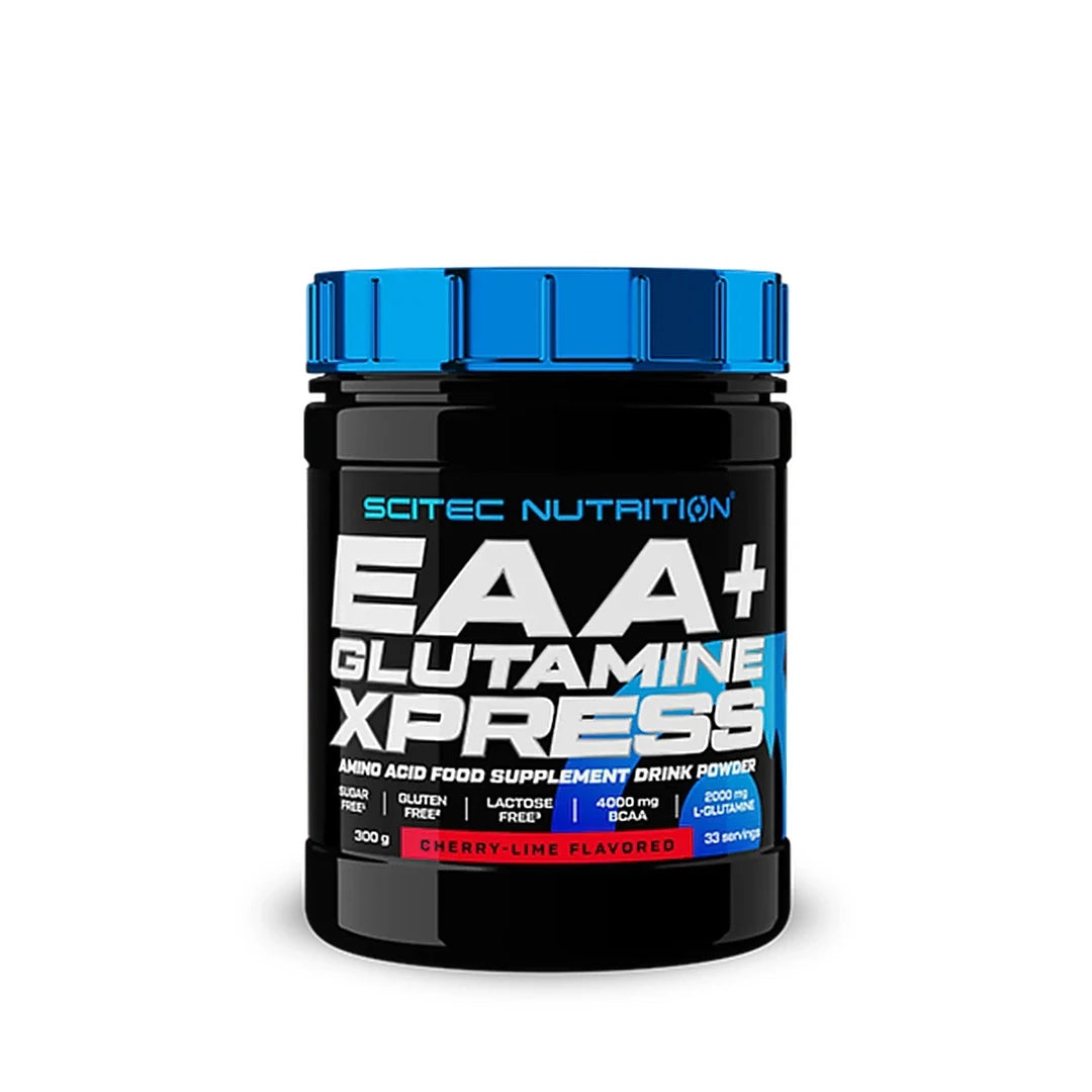 Scitec Nutrition EAA + Glutamine 300 g -aminohapot mustassa purkissa, jossa on sininen kansi, makuna Cherry Lime., kuva 2/5