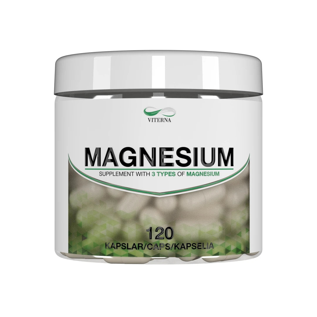 Viterna Magnesium 120 caps valkoisessa muovipurkissa tyylikkäillä vihreillä yksityiskohdilla., kuva 1/1