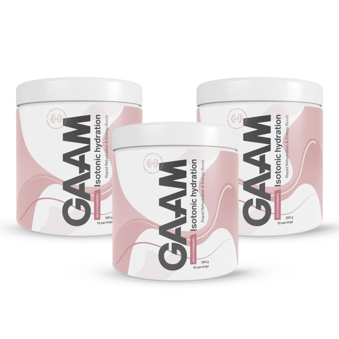 3 x GAAM Isotonic Hydration 300 g kolmessa valkoisessa purkissa, joissa on vaaleanpunainen aaltokuvio ja makuna Wild Strawberry., kuva 1/1