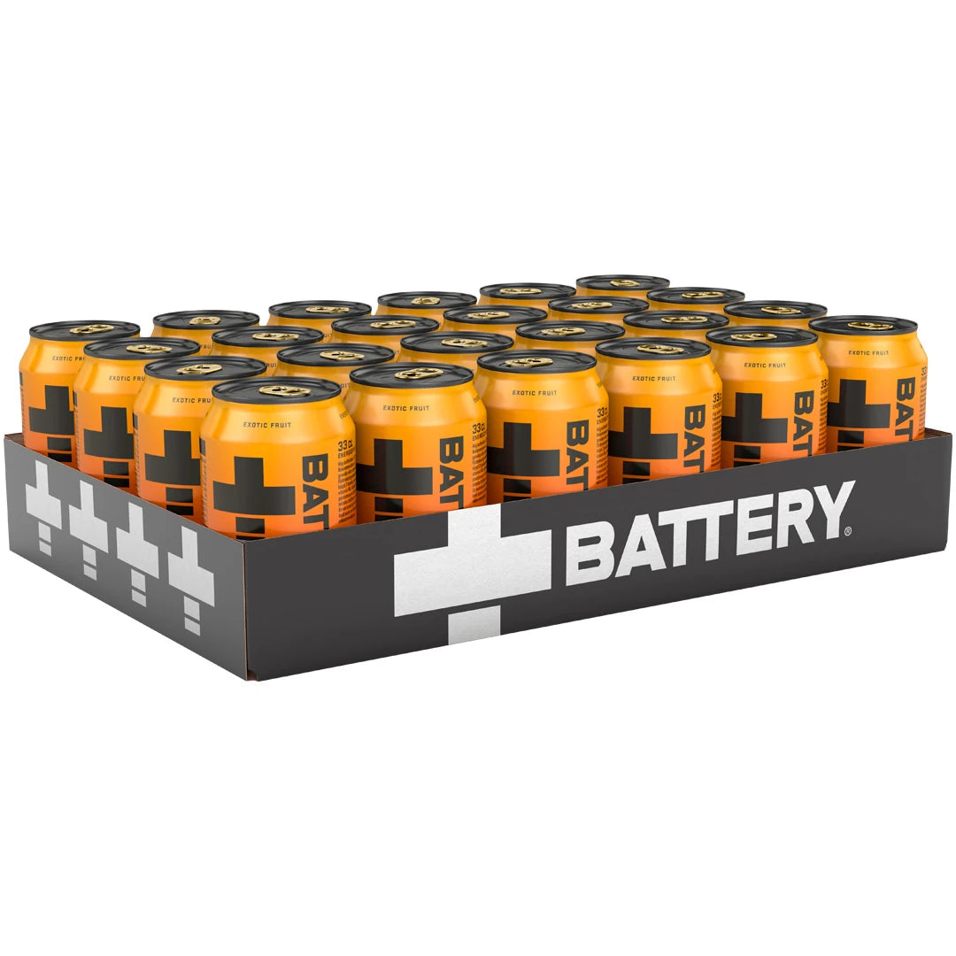 24 x Battery Energy Drink 330 ml Fresh mustassa laatikossa, jossa on oransseja tölkkejä ja mustia yksityiskohtia., kuva 1/1