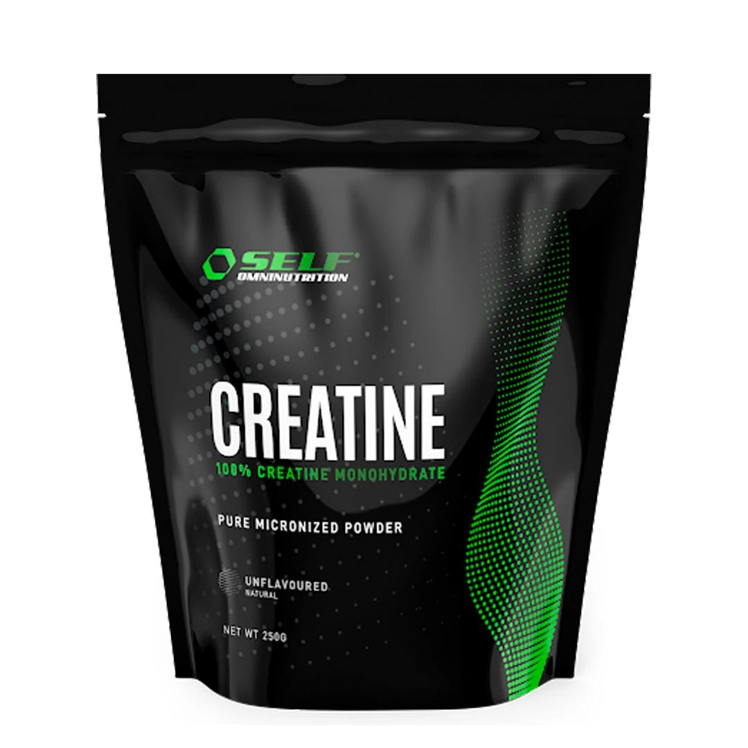 Self Omninutrition Creatine 250 g -maustamaton kreatiinijauhe mustassa pussissa vihreillä yksityiskohdilla., kuva 1/1